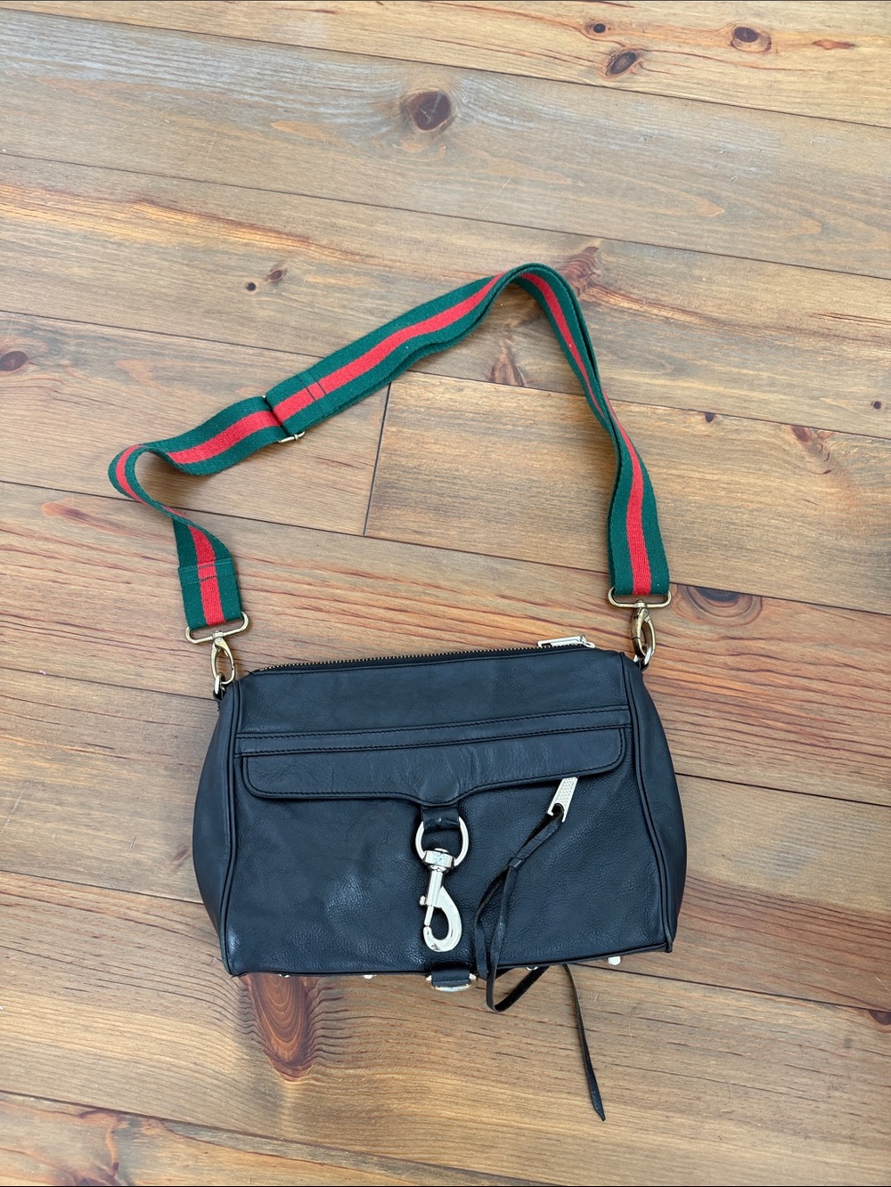 Rebecca Minkoff Black Leather Crossbody with Green and Red Strap